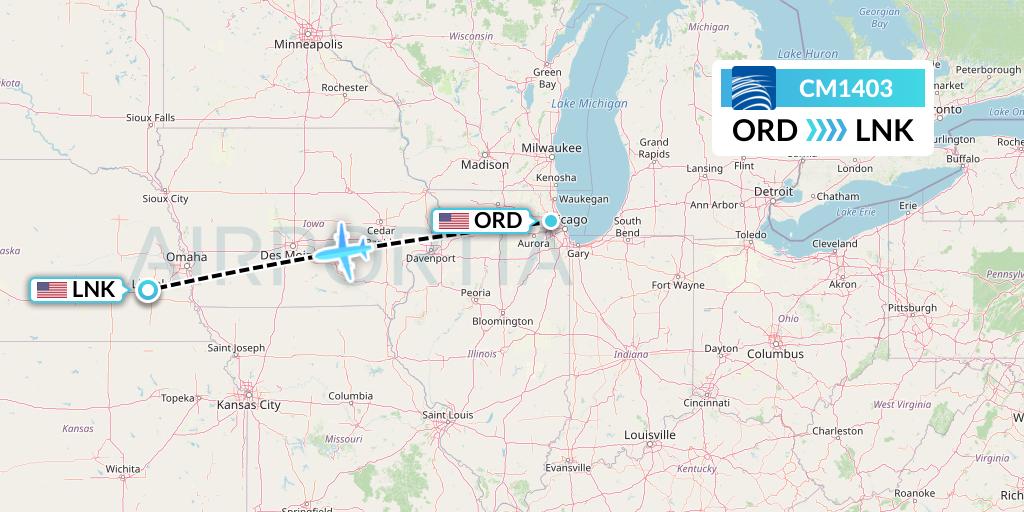 CM1403 Copa Airlines Flight Map: Chicago to Lincoln