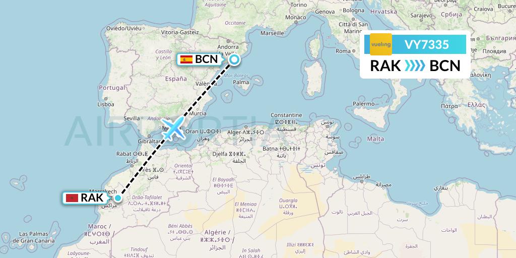 VY7335 Vueling Flight Map: Marrakesh to Barcelona