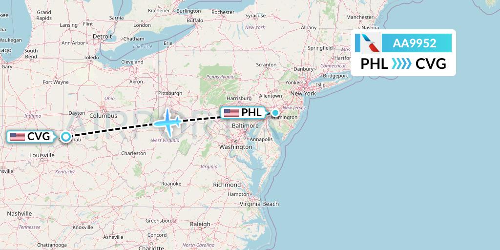 AA9952 American Airlines Flight Map: Philadelphia to Cincinnati