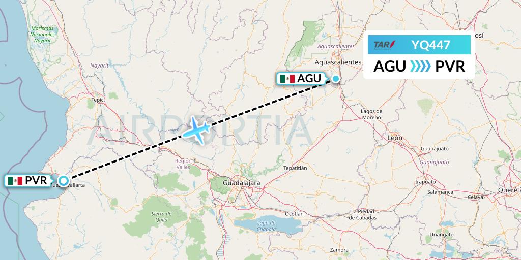 YQ447 TAR Aerolineas Flight Map: Aguascalientes to Puerto Vallarta