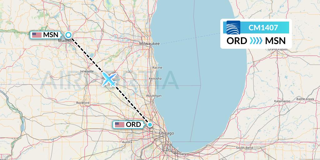 CM1407 Copa Airlines Flight Map: Chicago to Madison