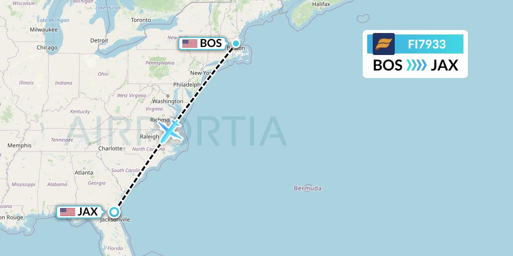 FI7933 Icelandair Flight Map: Boston to Jacksonville