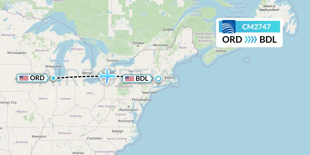 CM2747 Copa Airlines Flight Map: Chicago to Windsor Locks