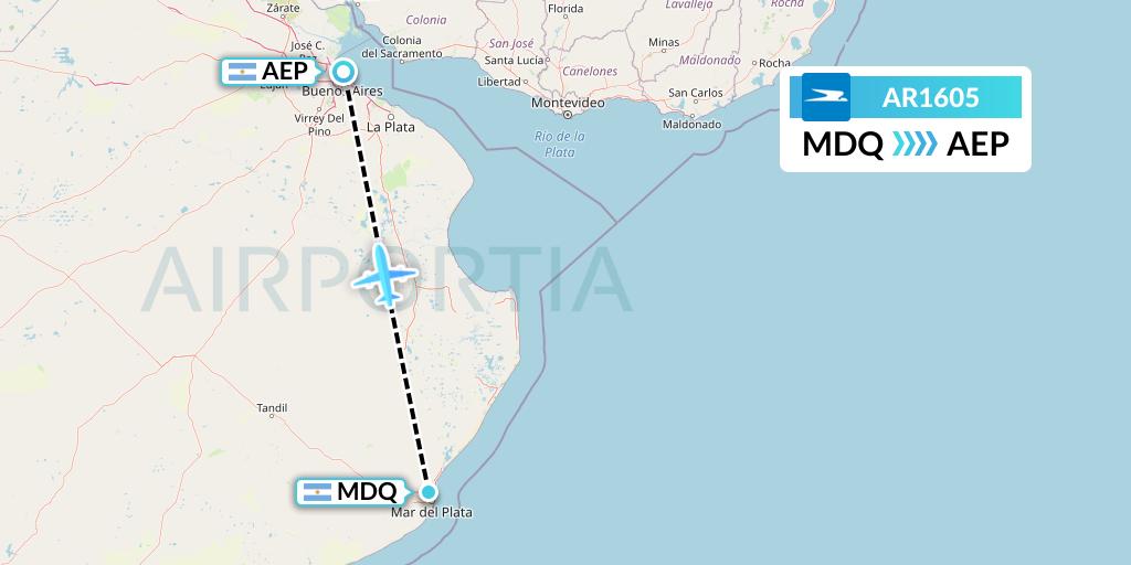 AR1605 Aerolineas Argentinas Flight Map: Mar del Plata to Buenos Aires