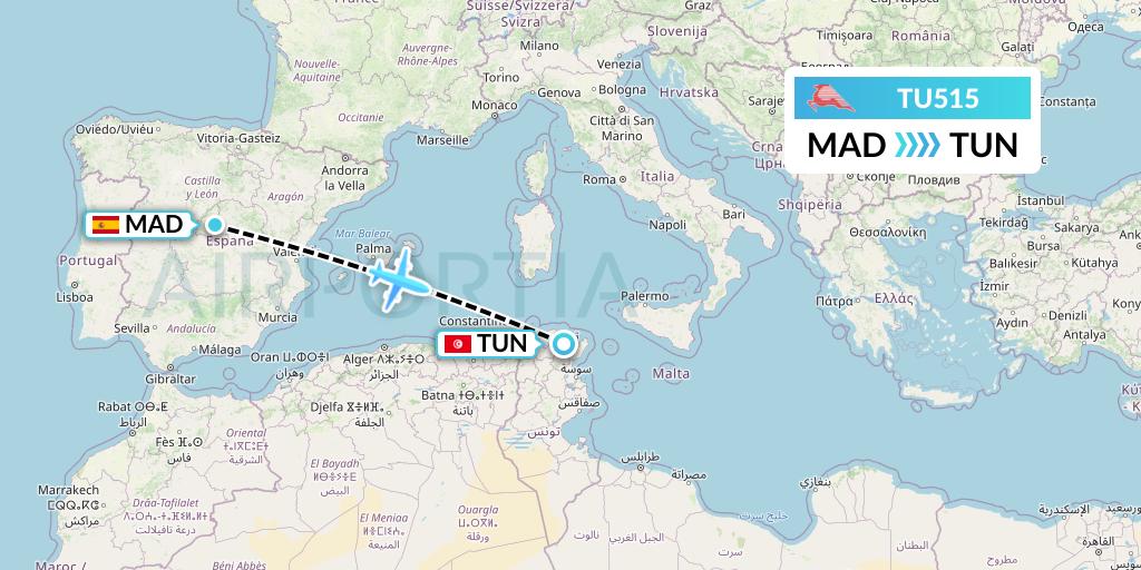 TU515 Tunisair Flight Map: Madrid to Tunis