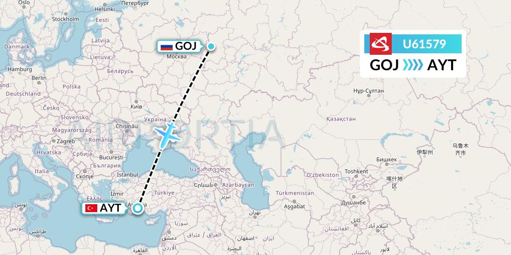 U61579 Ural Airlines Flight Map: Nizhny Novgorod to Antalya
