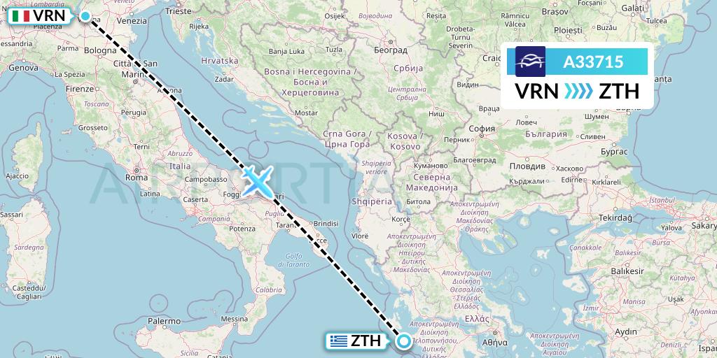 A33715 Aegean Airlines Flight Map: Verona to Zakynthos