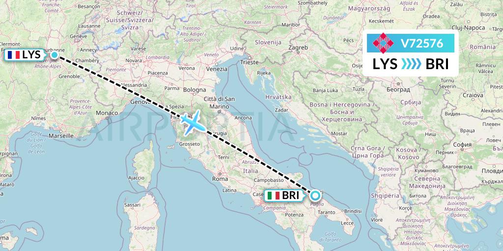V72576 Volotea Flight Map: Lyon to Bari