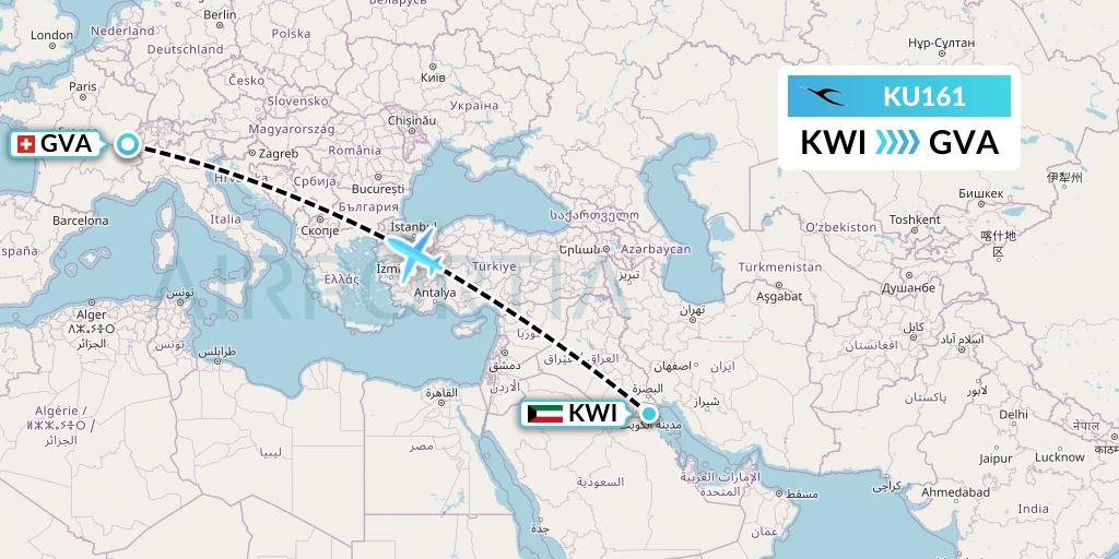 KU161 Kuwait Airways Flight Map: Kuwait City to Geneva