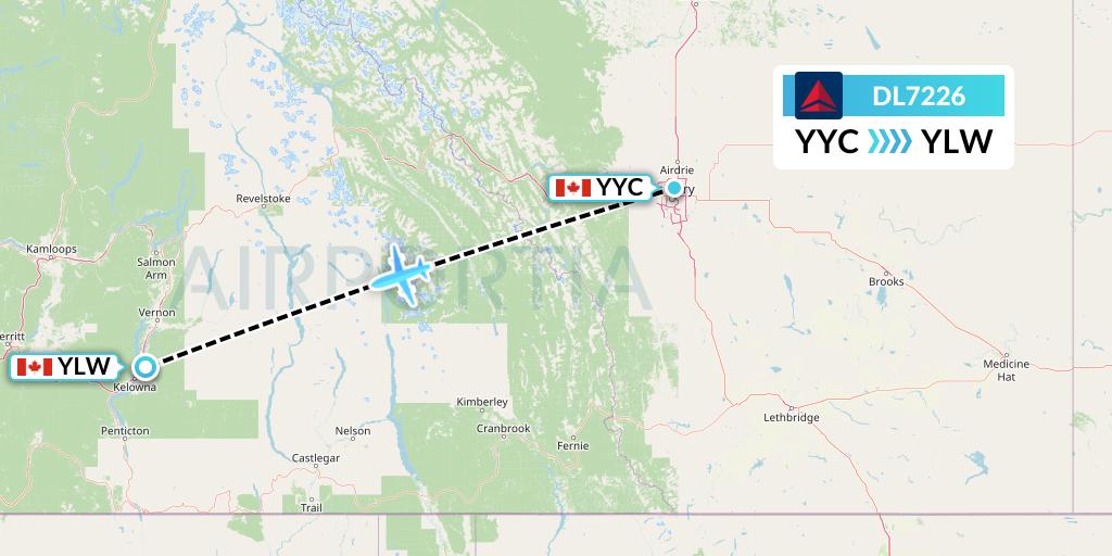 DL7226 Delta Air Lines Flight Map: Calgary to Kelowna