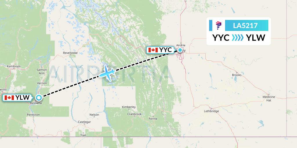 LA5217 LAN Airlines Flight Map: Calgary to Kelowna