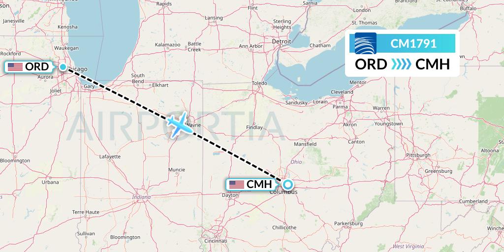 CM1791 Copa Airlines Flight Map: Chicago to Columbus