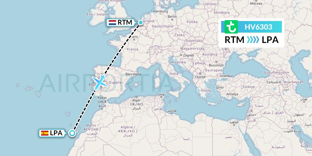 HV6303 Transavia Flight Map: Rotterdam to Las Palmas