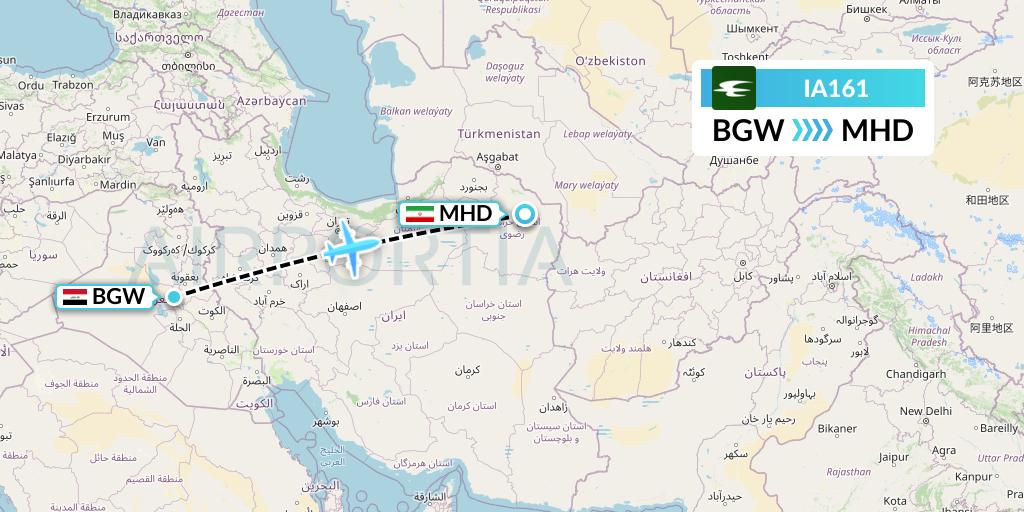 IA161 Iraqi Airways Flight Map: Baghdad to Mashhad