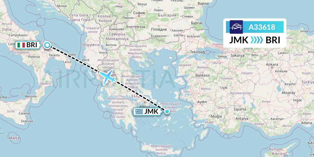 A33618 Aegean Airlines Flight Map: Mykonos to Bari