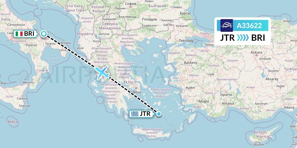 A33622 Aegean Airlines Flight Map: Santorini to Bari