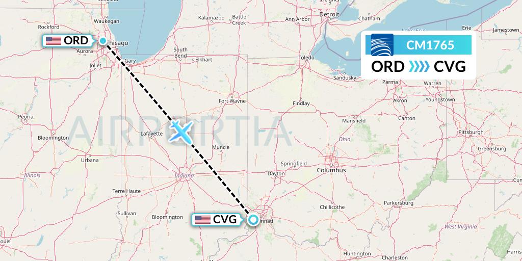 CM1765 Copa Airlines Flight Map: Chicago to Cincinnati
