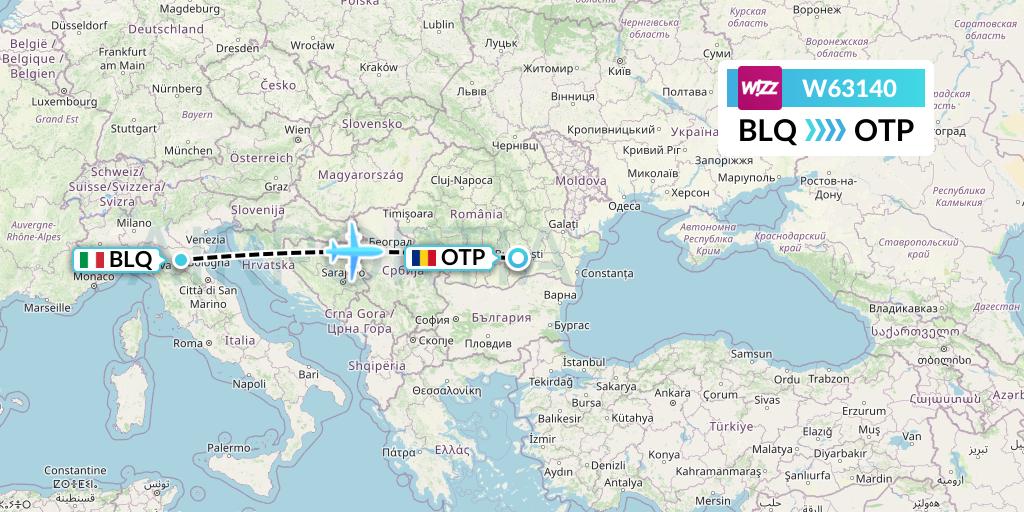 W63140 Wizz Air Flight Map: Bologna to Bucharest