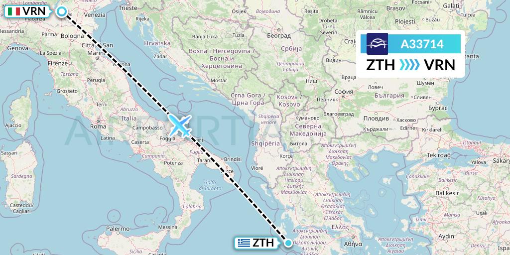 A33714 Aegean Airlines Flight Map: Zakynthos to Verona