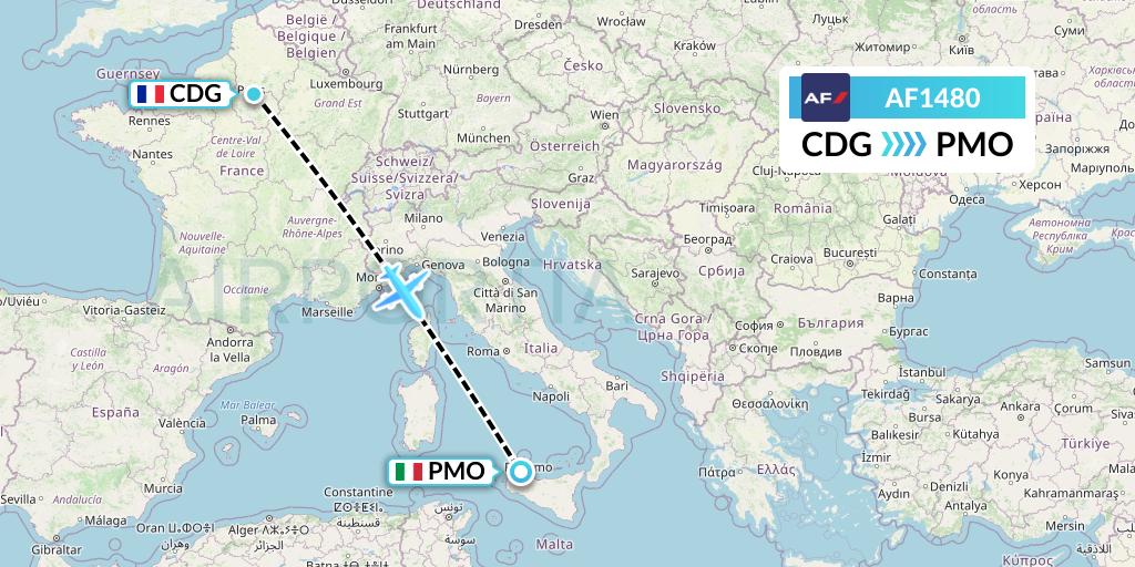 AF1480 Air France Flight Map: Paris to Palermo