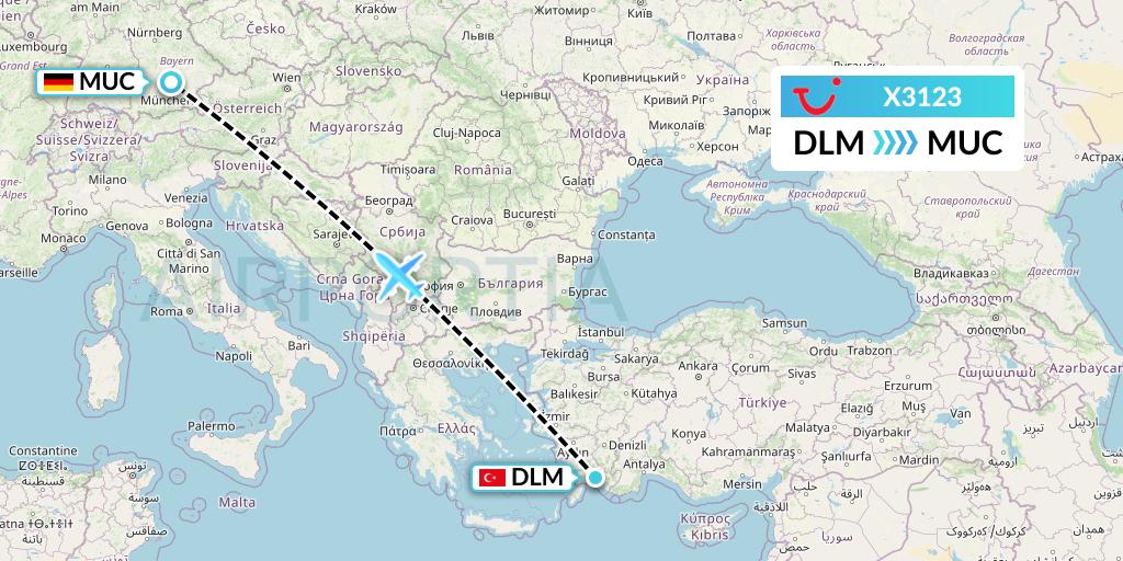 X3123 TUI fly Germany Flight Map: Dalaman to Munich