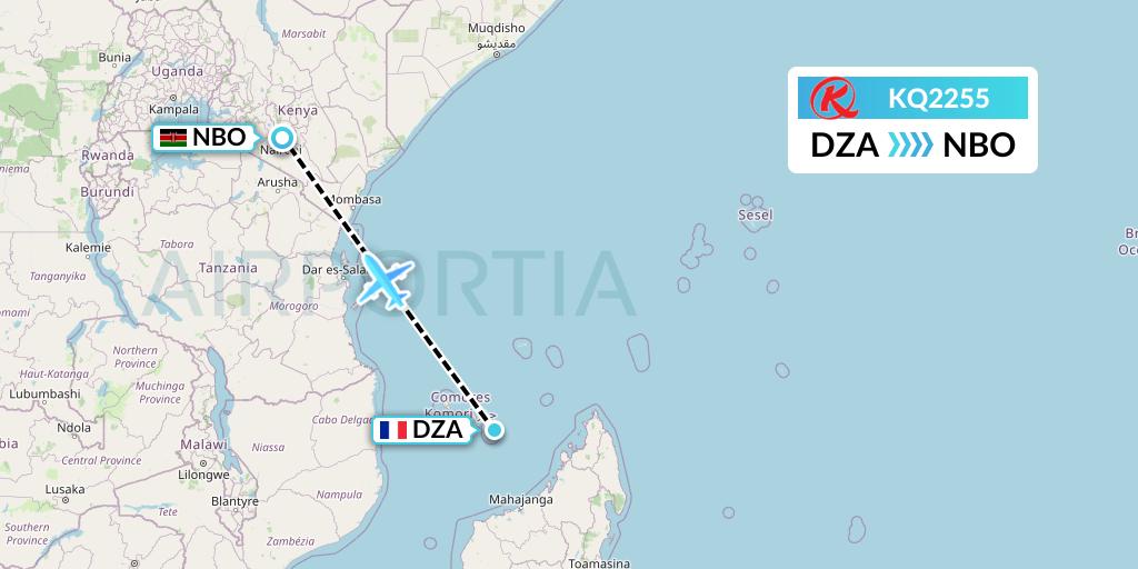 KQ2255 Kenya Airways Flight Map: Dzaoudzi to Nairobi