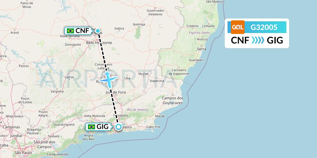 G32005 GOL Transportes Aeros Flight Map: Belo Horizonte to Rio de Janeiro