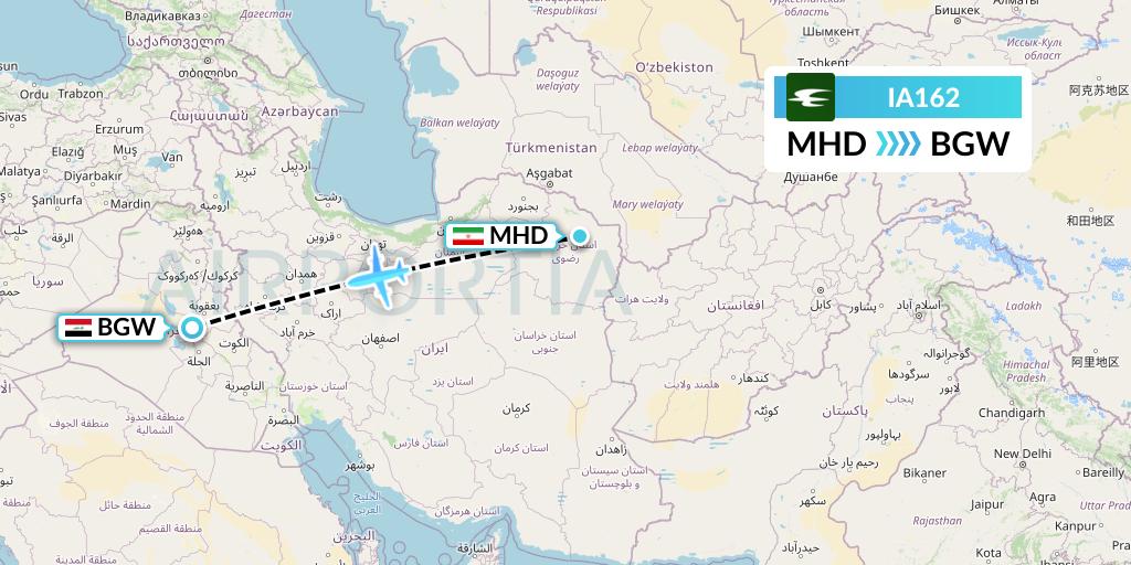 IA162 Iraqi Airways Flight Map: Mashhad to Baghdad