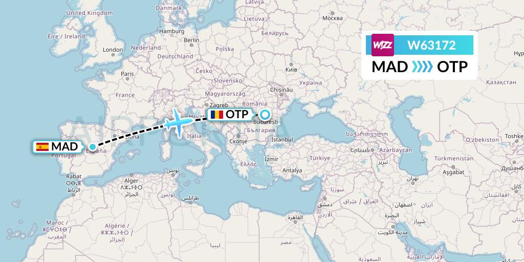 W63172 Wizz Air Flight Map: Madrid to Bucharest