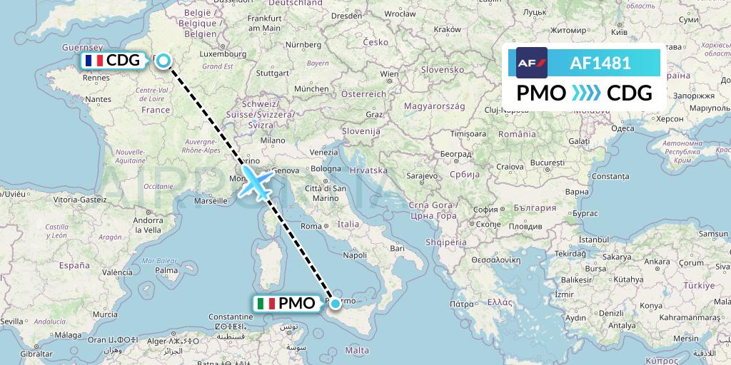 AF1481 Air France Flight Map: Palermo to Paris