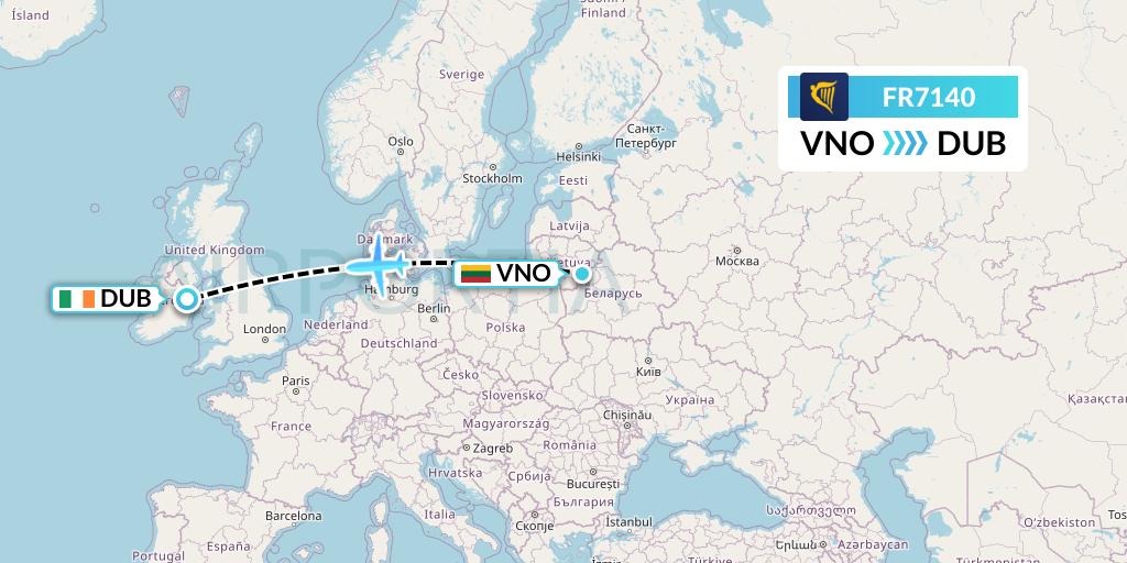 FR7140 Ryanair Flight Map: Vilnius to Dublin