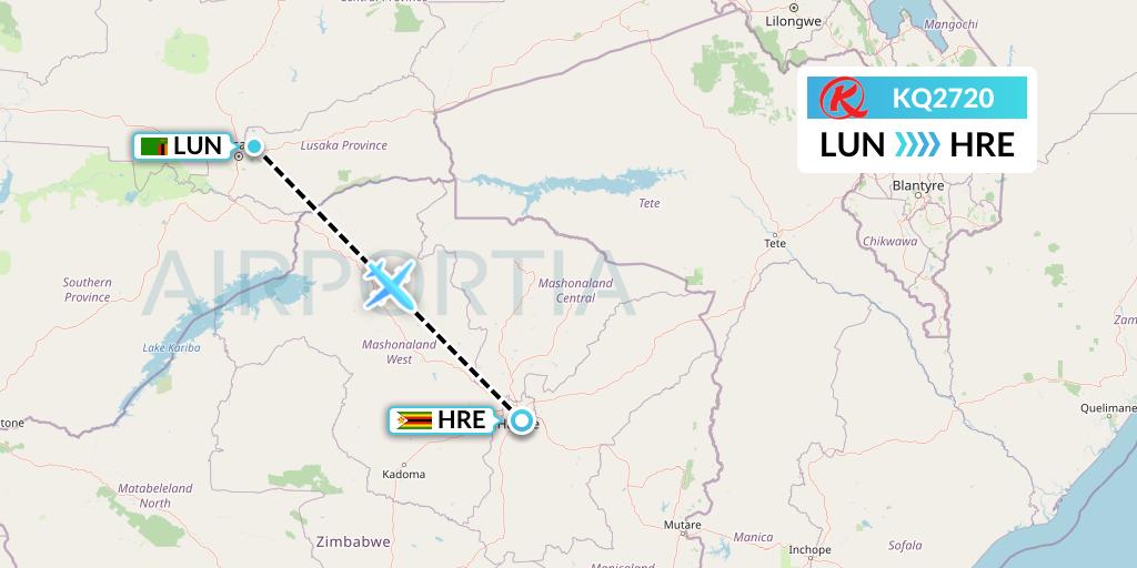 KQ2720 Kenya Airways Flight Map: Lusaka to Harare