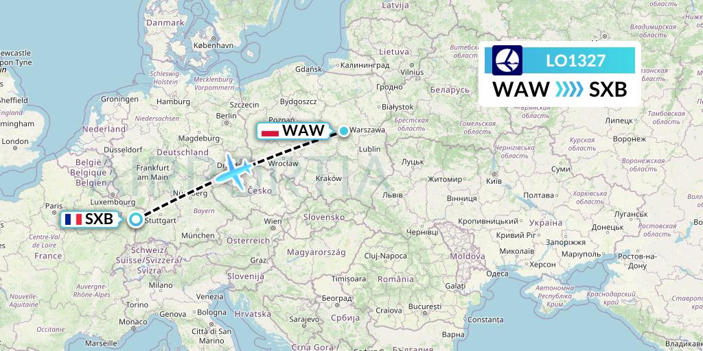 LO1327 LOT Flight Map: Warsaw to Strasbourg