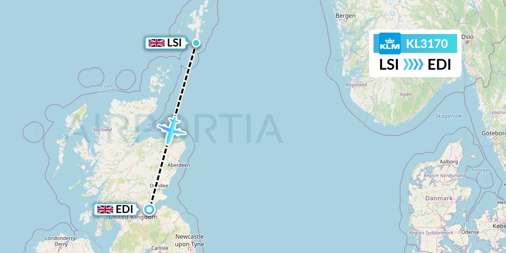 KL3170 KLM Flight Map: Sumburgh to Edinburgh