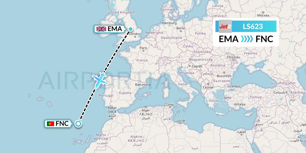 LS623 Jet2 Flight Map: East Midlands to Funchal