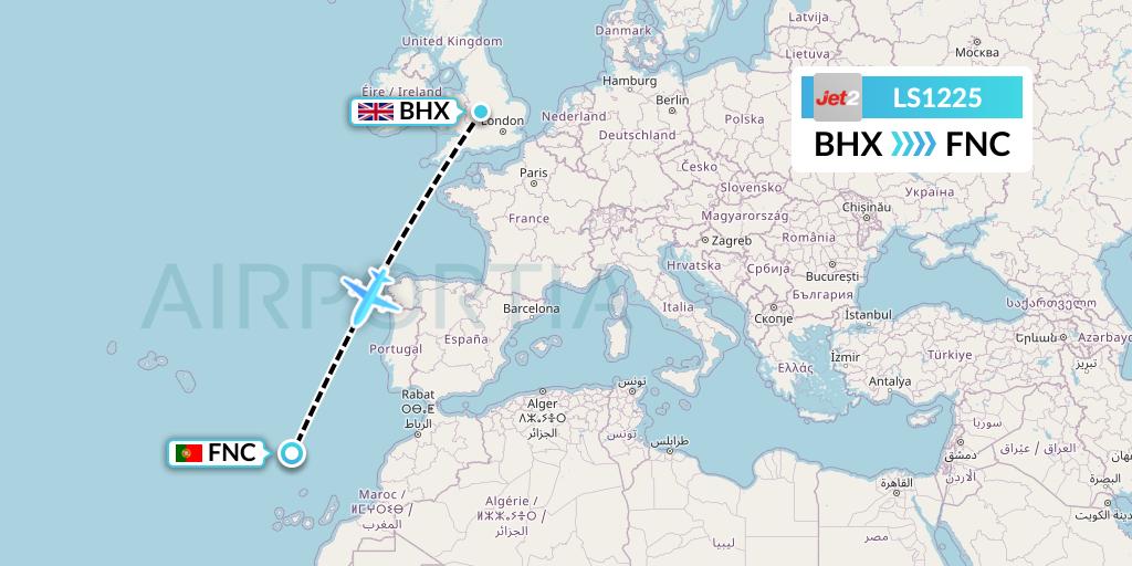 LS1225 Jet2 Flight Map: Birmingham to Funchal