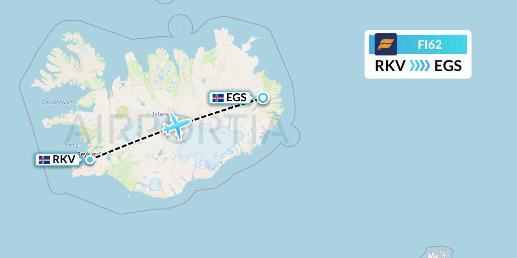 FI62 Icelandair Flight Map: Reykjavik to Egilsstadir