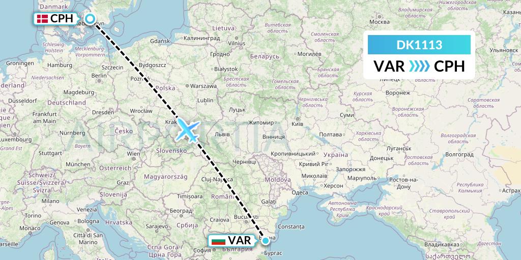 DK1113 Thomas Cook Airlines Scandinavia Flight Map: Varna to Copenhagen