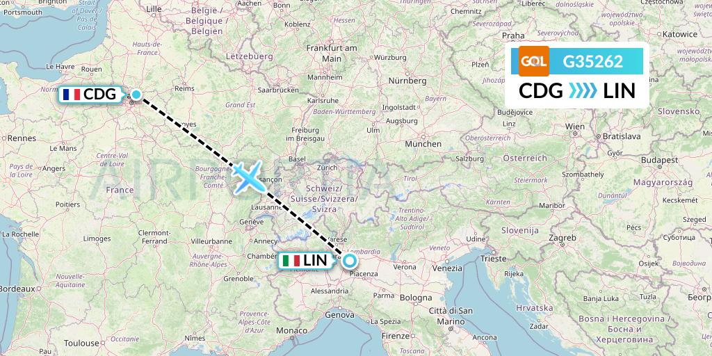 G35262 GOL Transportes Aeros Flight Map: Paris to Milan