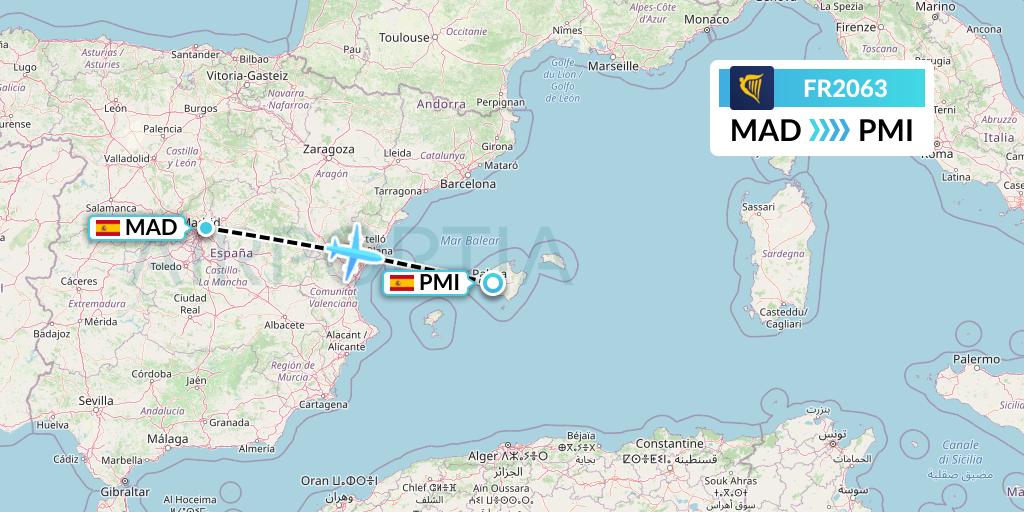 FR2063 Ryanair Flight Map: Madrid to Palma de Mallorca