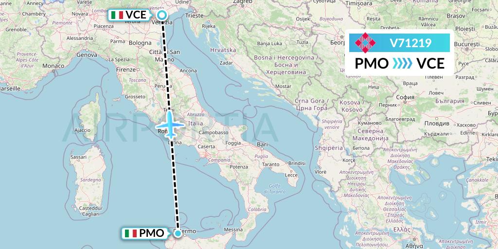 V71219 Volotea Flight Map: Palermo to Venice
