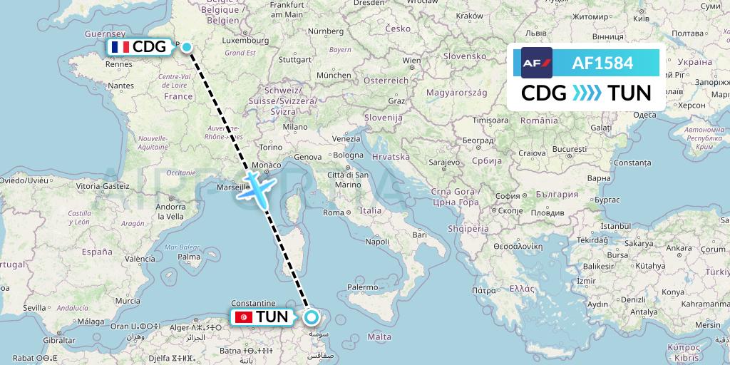 AF1584 Air France Flight Map: Paris to Tunis