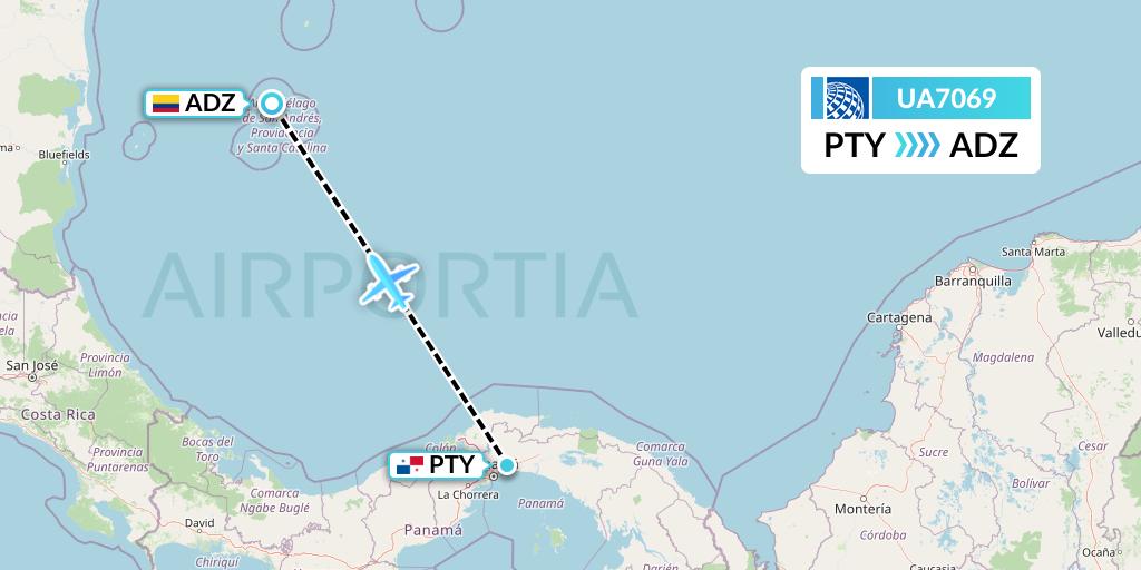 UA7069 United Airlines Flight Map: Panama City to San Andres Island