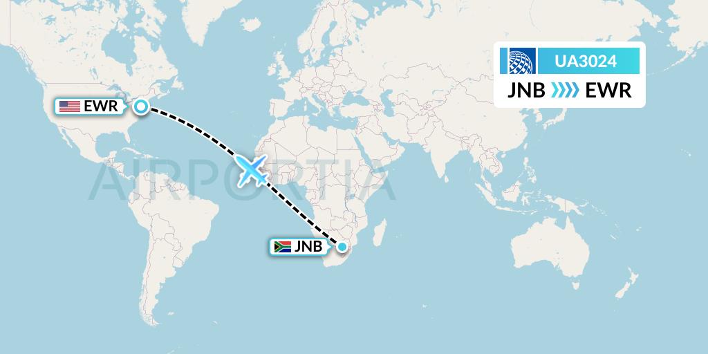 UA3024 United Airlines Flight Map: Johannesburg to New York