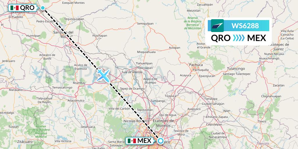 WS6288 WestJet Flight Map: Queretaro to Mexico City