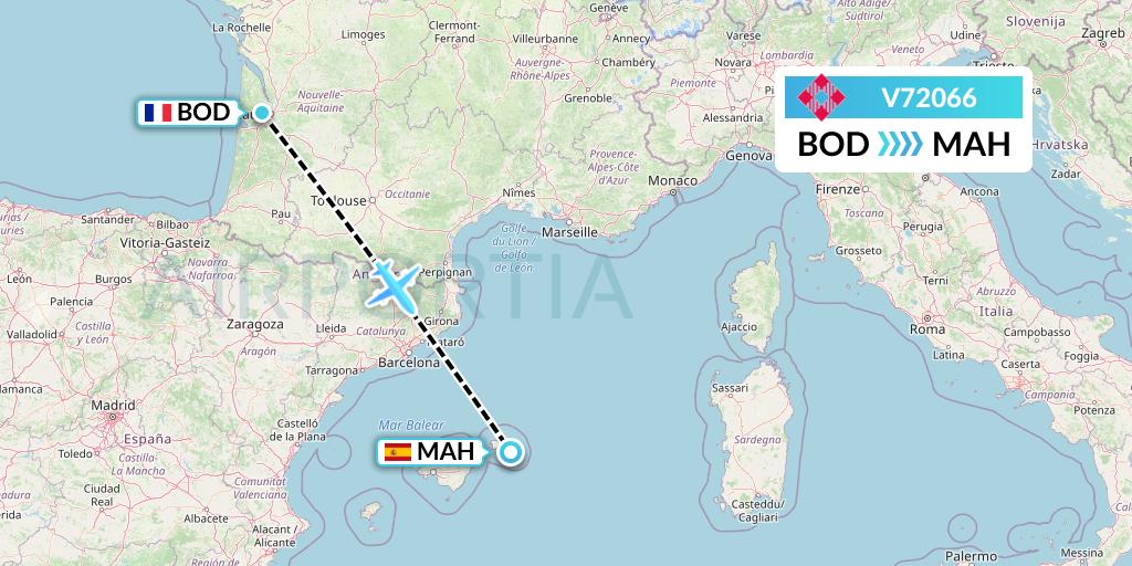V72066 Volotea Flight Map: Bordeaux to Mahon