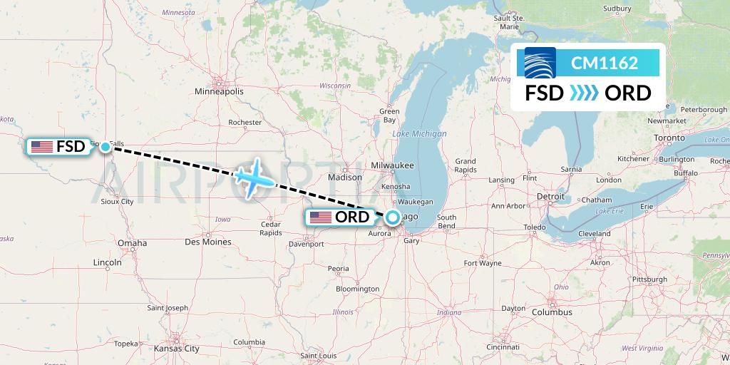 CM1162 Copa Airlines Flight Map: Sioux Falls to Chicago