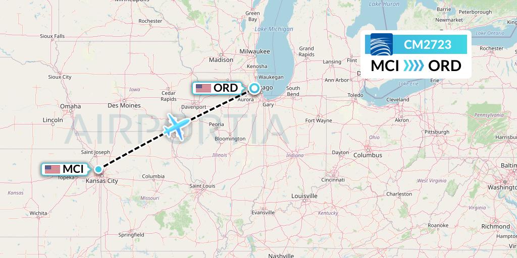 CM2723 Copa Airlines Flight Map: Kansas City to Chicago