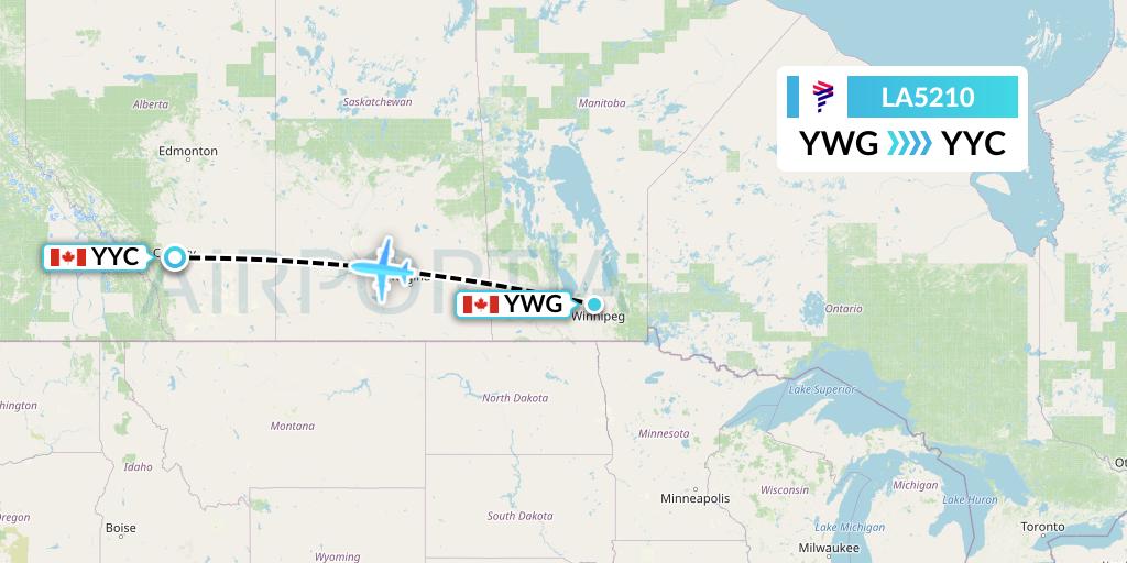 LA5210 LAN Airlines Flight Map: Winnipeg to Calgary