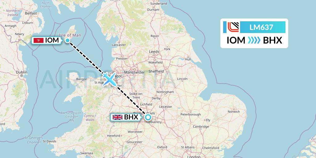 LM637 Loganair Flight Map: Isle of Man to Birmingham